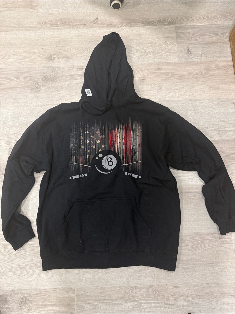 Gildan Black Hooded Pullover with 8-Ball and Distressed Flag Graphic